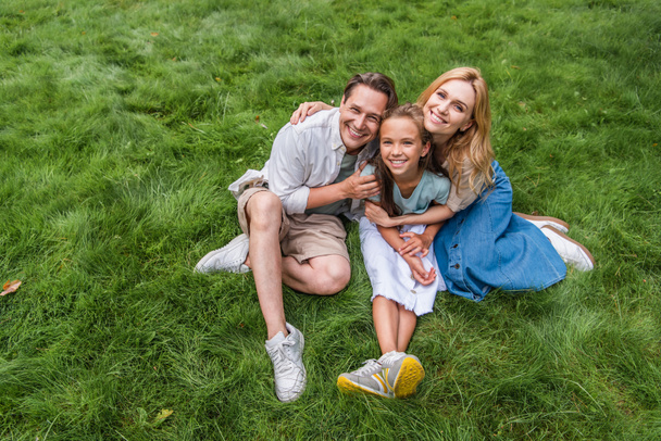 Vysoký úhel pohledu na šťastnou rodinu objímání na trávě  - Fotografie, Obrázek