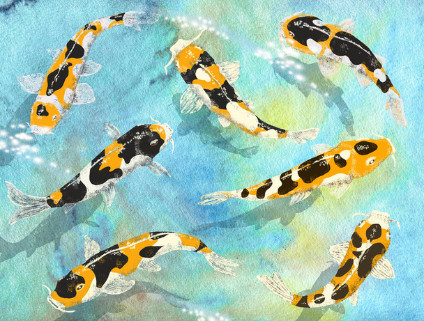 Koi carps on an abstract background of watercolor stains. Painting for the interior. - Photo, Image