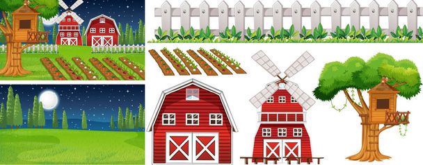 Conjunto de elementos agrícolas aislados con ilustración de escena de granja - Vector, Imagen