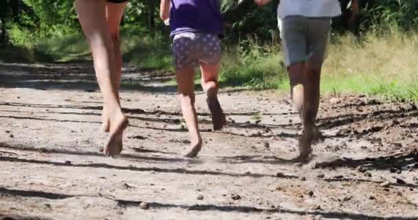 bambini felici corrono a piedi nudi nella foresta in una giornata di sole, orizzontale, sfocata, - Filmati, video