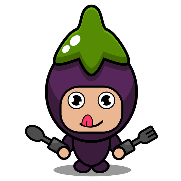 carino melanzane verdura mascotte costume cartone animato personaggio vettore tenendo cucchiaio e forchetta da mangiare - Vettoriali, immagini