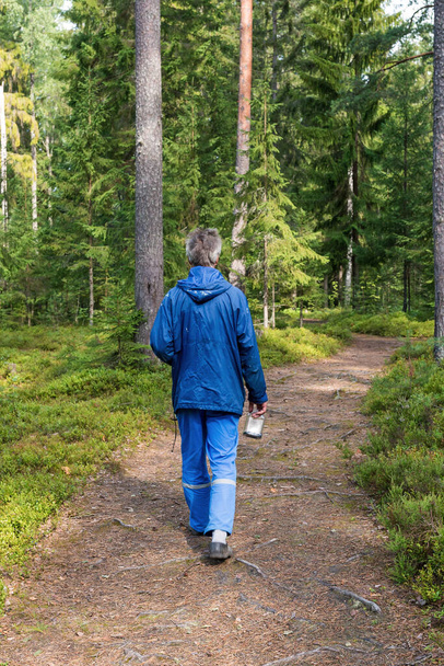 One man walking along a path in a green forest - Zdjęcie, obraz