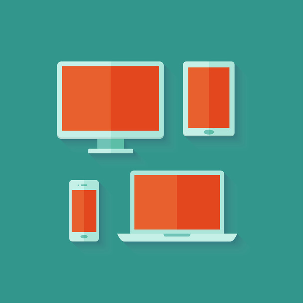 Flat computer and mobile devices set over green - Vector, Image