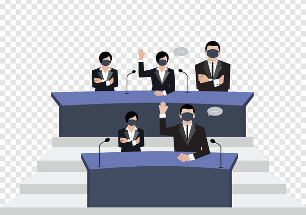 Senat nosić czarne maski medyczne głosować w sali konferencyjnej na tle przejrzystości, covid19 wektory ery koronawirusów ep05 - Wektor, obraz