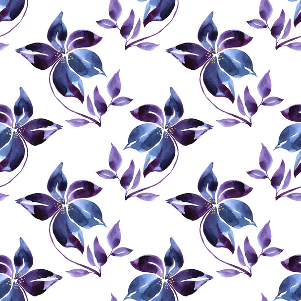 Seamless pattern watercolor hand-drawn blue abstract bud flower on white. Art creative nature background for card, wrapping, textile, wallpaper - Foto, Bild
