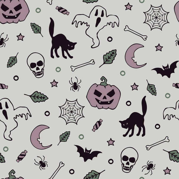 Zökkenőmentes vektor minta Halloween szellem és tök szürke háttérrel. Egyszerű ijesztő macska tapéta tervezés Dekoratív horror szezon divat textil. - Vektor, kép