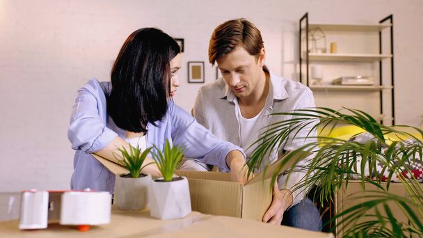 giovane donna guardando fidanzato e scatola di imballaggio vicino alle piante  - Foto, immagini