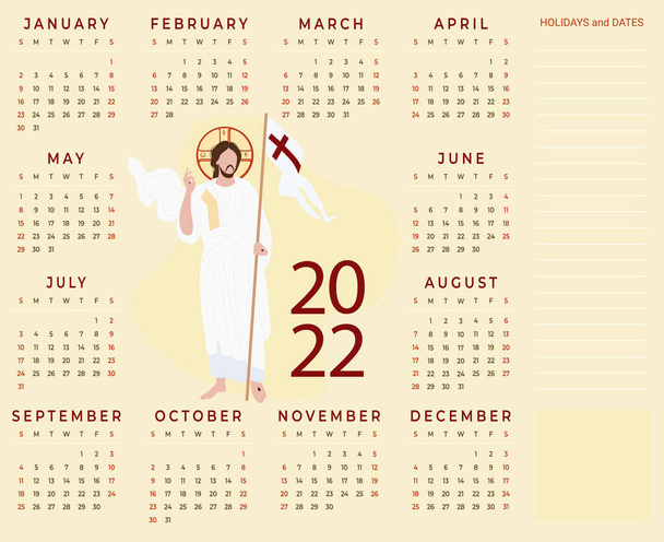 Jahreskalender 2022. Religiöser Kalender mit Jesus Christus dem Erlöser auf beigem Hintergrund. Vektorillustration. Horizontale Vorlage für 12 Monate in Englisch mit Platz für Notizen. Woche beginnt am Sonntag - Vektor, Bild
