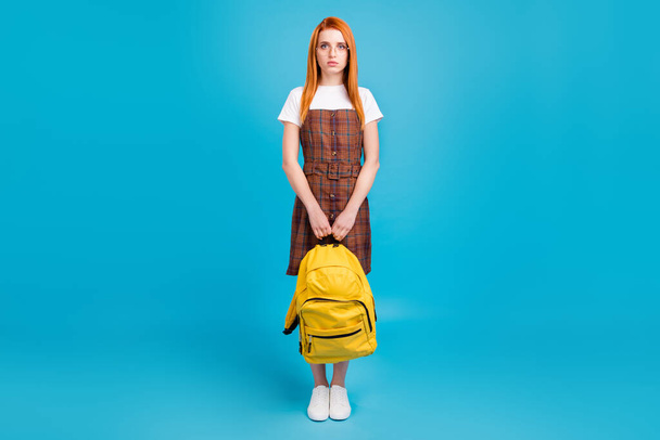 Full size photo of young attractive girl serious confident hold backpack student isolated over blue color background - Foto, afbeelding