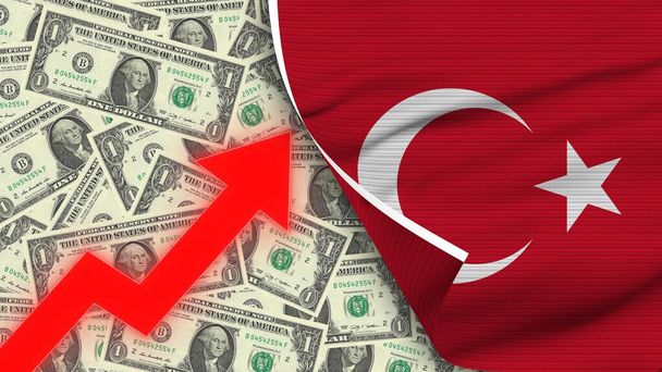 Törökország reális zászló, USA dollár, emelkedő cikcakkos piros nyíl illusztráció - Fotó, kép