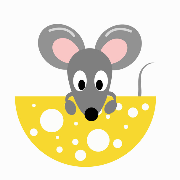 gray mouse with a large slice of delicious cheese - Vettoriali, immagini