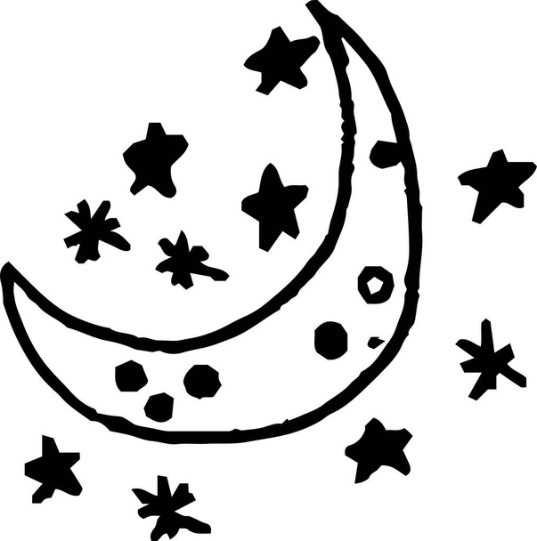 Это иллюстрация милой луны и звездных каракулей, нарисованных детьми  - Вектор,изображение