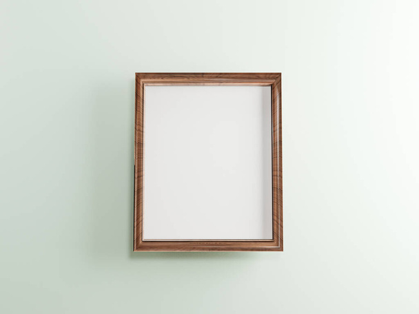 Mock up wooden photo frame with  on white wall background , 3d rendering. - Fotoğraf, Görsel