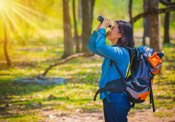 Kék farmert viselő nő, hátizsákkal. Távcsövet használ az erdőben, napsugarakkal.. - Fotó, kép