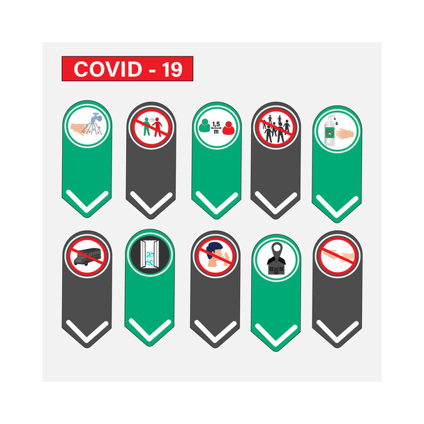 コロナウイルス予防標識。新しいコロナウイルスに対する基本的な保護対策。アイコンを介して一般の人々のためのコロナウイルスの助言。Covid 19から健康を維持するための重要な情報と指導 - ベクター画像