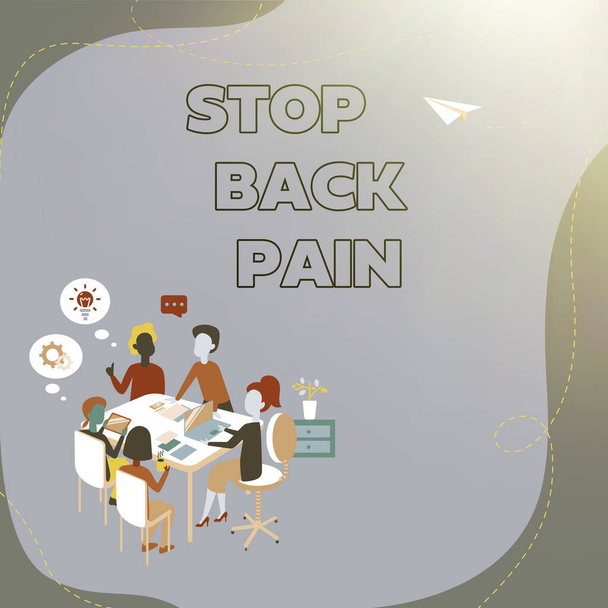 Bildunterschrift: Stoppt Rückenschmerzen. Business-Schaufenster beendete die Schmerzen im unteren oder oberen Rücken Eingabe von Office-Arbeitsblatt-Daten, Registrierung von Online-Mitgliedern - Foto, Bild