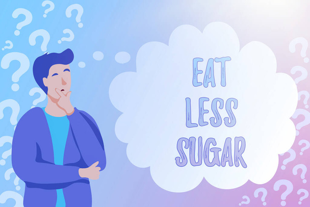 Az ihletet adó szöveg Egyél kevesebb cukrot. Fogalmi fotó csökkenti a cukor bevitel és eszik egy egészséges étrend gazdag élelmiszerek Bejegyzés Social Media Account, Gépelés és naplózás Daily Journal bejegyzés - Fotó, kép