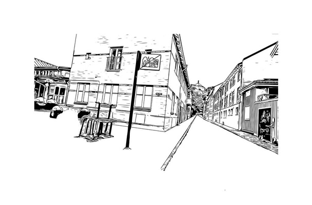 印刷ヨーテボリのランドマークとビルのビューは、スウェーデンの主要都市です。手描きのスケッチ図ベクトル. - ベクター画像