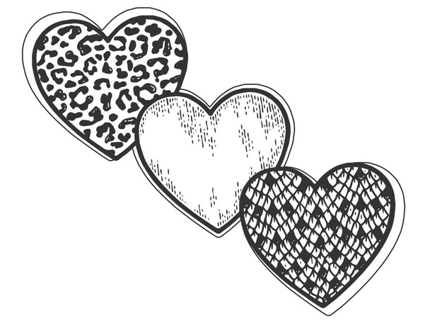 Τρεις καρδιές, φίδι, λεοπάρδαλη και σκίτσο. Σύμβολο και σύμβολο της αγάπης. Χρωματισμός απομίμησης πίνακα ξυρίσματος - Φωτογραφία, εικόνα