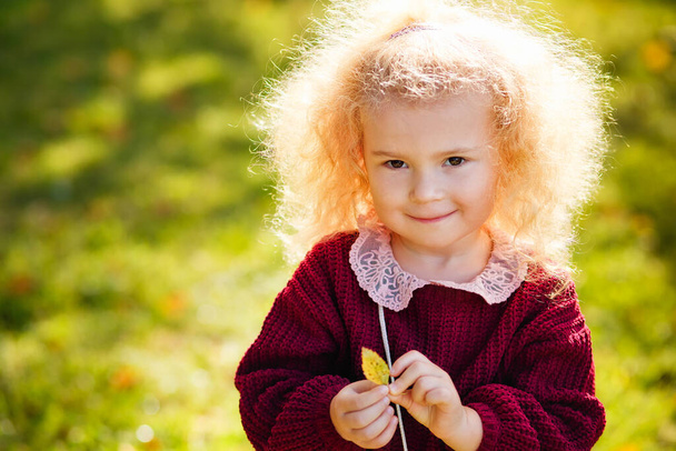 Een groot portret van een klein blond gekruld meisje in een bordeaux trui in het park op een zonnige herfstdag. Een kind in de herfst met een geel blad. - Foto, afbeelding