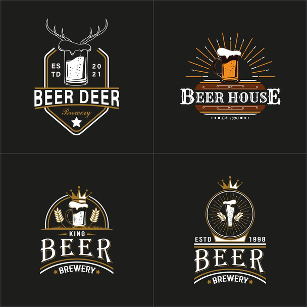 Σετ Vintage Retro Style για Beer House ή Brewery Logo. Με γυαλιστερή γυάλινη εικόνα μπύρας. Πρότυπο λογότυπου ασφαλίστρου και πολυτέλειας - Διάνυσμα, εικόνα