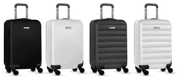 Travel suitcase isolated. Set of silver plastic luggage or vacation baggage bag on white background. Design of summer vacation holiday concept. - ベクター画像