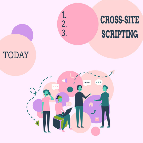 Text caption presenting Cross Site Scripting. Concept meaning Security vulnerability mainly found in web application Four Colleagues Illustration Having Conversations Brainstorming New Ideas. - Photo, Image
