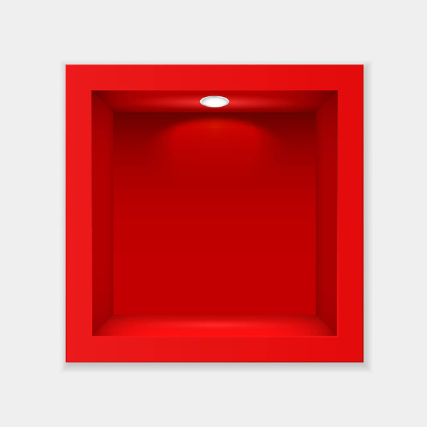 Κόκκινο δοχείο με γυαλί και το πρότυπο φωτισμού. Εσωτερικό άδειο περίπτερο έκθεση κύβος με λευκό οπίσθιο φανό - Διάνυσμα, εικόνα
