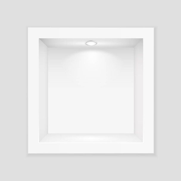 Caixa branca com vidro e modelo de iluminação. Suporte de exposição vazio interno com lâmpada de retroiluminação branca - Vetor, Imagem