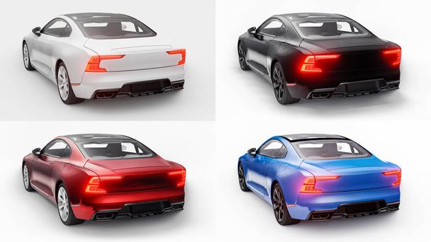 Ilustración 3d. Set Concepto de coches deportivos premium coupé. Híbrido enchufable. Tecnologías de transporte ecológico. Coche sobre fondo blanco. renderizado 3d - Foto, imagen