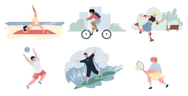 Плоские персонажи мультфильмов, занимающиеся спортом, концепция векторных иллюстраций - Вектор,изображение