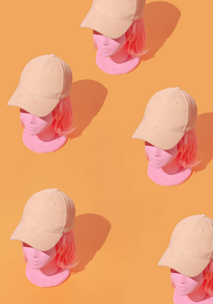 Dummy fashion girls in stylish summer sunglasses and bucket hat. Party shop, vacation, holiday concept.  Minimalist isometric wallpaper. - Foto, imagen