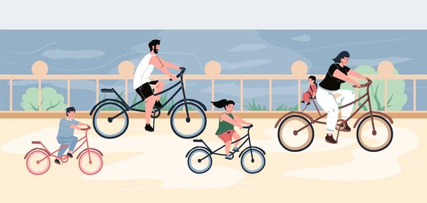 Flat cartoon family characters ride bicycles,vector illustration concept - Vector, Image