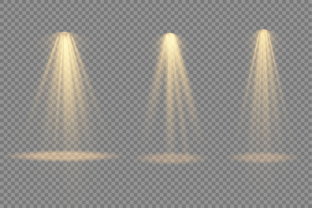 Conjunto de holofotes amarelos, efeito de luz do projetor. - Vetor, Imagem