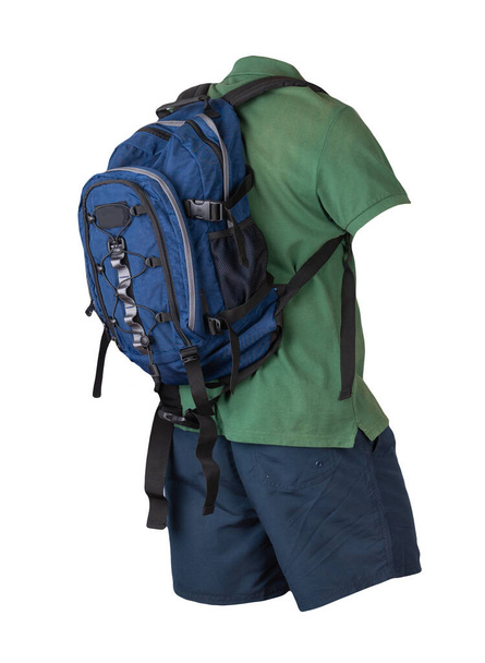 denim blue backpack,dark blue sports shorts,dark green shirt with a collar with buttons isolated on white foane. clothes for every day - Fotografie, Obrázek