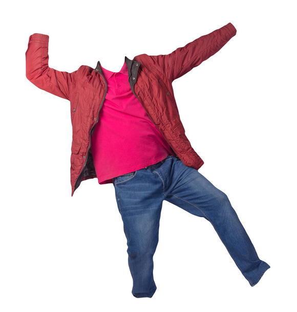 red jacket,crimson  shirt and blue jeans isolated on white background. casual fashion clothes - Φωτογραφία, εικόνα