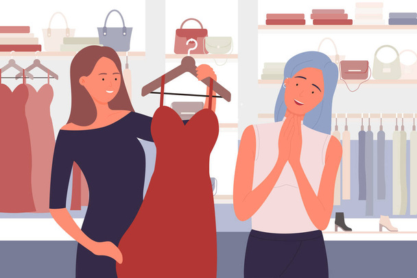 Ludzie kupujący stylowe ubrania w sklepie odzieżowym lub butiku odzieżowym, dziewczyny kupujące - Wektor, obraz