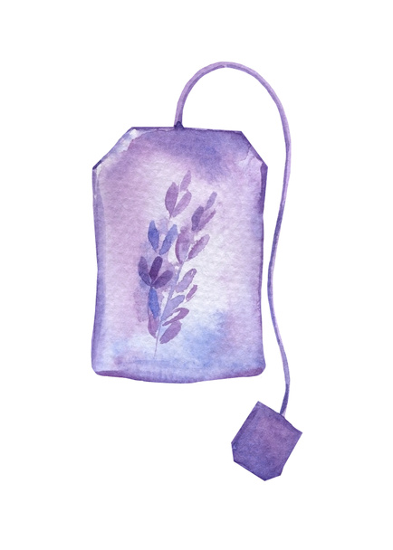 Čajový sáček s levandulí, akvarel ilustrace, izolované bílé pozadí - Fotografie, Obrázek