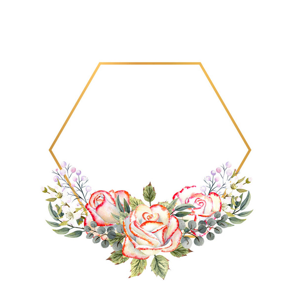 Yapraklı beyaz güller, dekoratif dallar ve böğürtlenlerle dolu altın geometrik çerçeve. Logolar için suluboya illüstrasyon, davetiyeler, tebrik kartları - Fotoğraf, Görsel