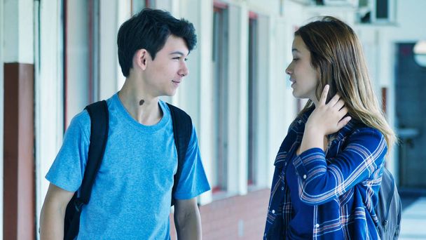 Kavkazský teenager pár mluví ve škole. - Fotografie, Obrázek