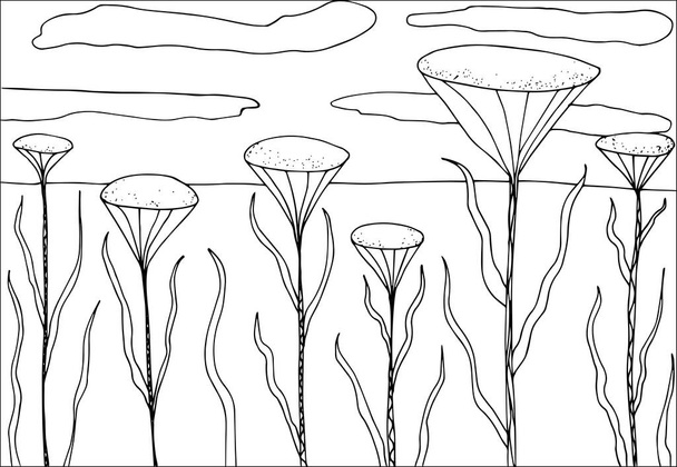 Doodle alien fantasy landscape with big flowers coloring page for adults. Fantastic psychedelic graphic artwork. Vector hand drawn simple flat illustration. - Vektor, obrázek
