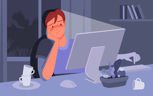 Freelance worker sitting at night to work hard, depressed bored unhappy man working late - Vector, imagen