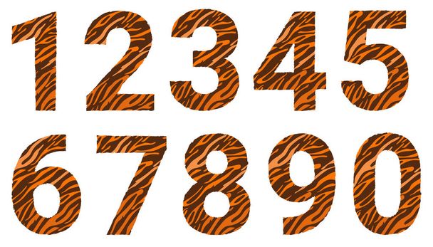 Een set nummers met een tijgerpatroon. Decoratieve streepjesnummers van 0 tot 9. Vector illustratie. Geïsoleerde elementen voor ontwerp en decoratie - Vector, afbeelding