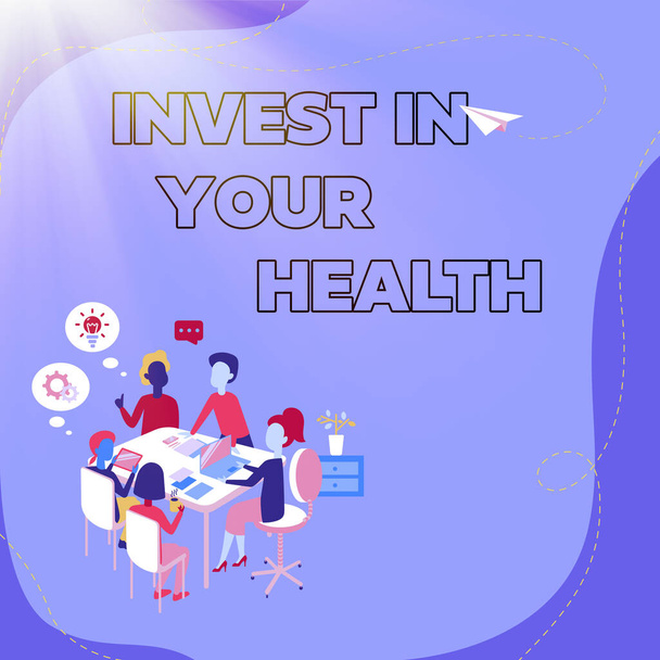 Text sign showing Invest In Your Health. Word for put money on maintenance or improvement of your health Entering Office Worksheet Data, Listing Registered Online Members - Photo, Image