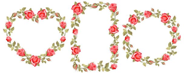 赤いバラ、芽、葉を持つヴィンテージの花のフレームのセット。丸枠、ハート型、長方形のフレーム。ベクターイラスト. - ベクター画像