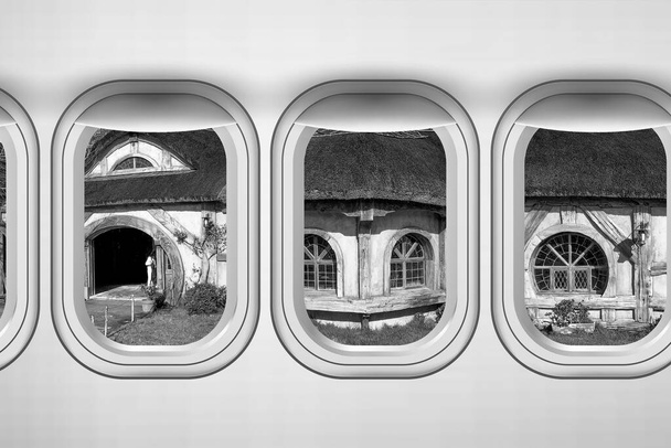 Gyönyörű kilátás nyílik a Hobbiton táj Új-Zéland a repülőgép ablakán keresztül. - Fotó, kép
