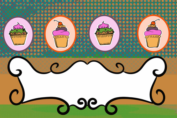 Чашка торт мультфильм и круг фон, шаблон, текстура, рисунок иллюстрации  - Фото, изображение