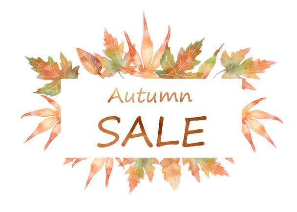 bannière rectangle aquarelle avec feuilles d'automne à vendre, texte, carte sur fond blanc - Photo, image