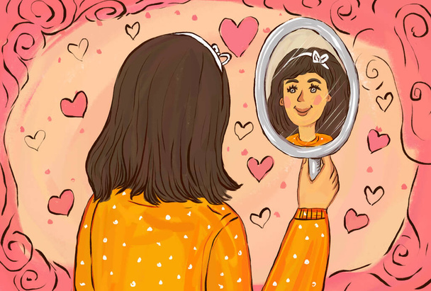Narysowana piękna dziewczyna lub kobieta z lustrem w rękach kocha siebie. Samoocena i miłość do samego siebie - Zdjęcie, obraz