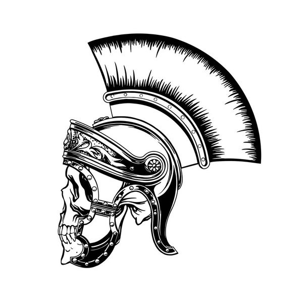 Romalı savaşçının el çizimi kafatası, baskı için gladyatör, dövme. Vektör illüstrasyonu - Vektör, Görsel